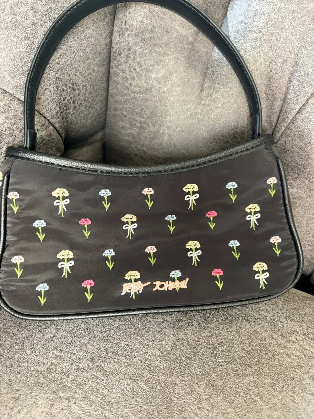 Betsey Johnson Black Shoulder Bag with Multicolor Floral Embroidery